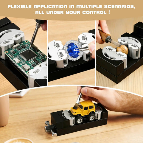 Mini Smart Fractal Drill Press Vise with Dual Jaw Design gripping various items for jewelry, electronics, and model building.