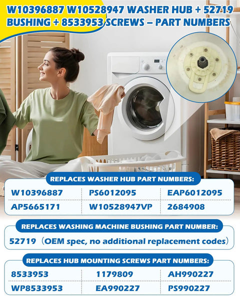 Washer Basket Driven Hub All In One Replacement Kit With Vibration Reducing Bushing And Mounting Screws Easy Install Durable Parts Replaces AP5665171 PS6012095 W10396887 W10528947 Fits Whirlpool Maytag Kenmore washer hub kit with screws and bushing