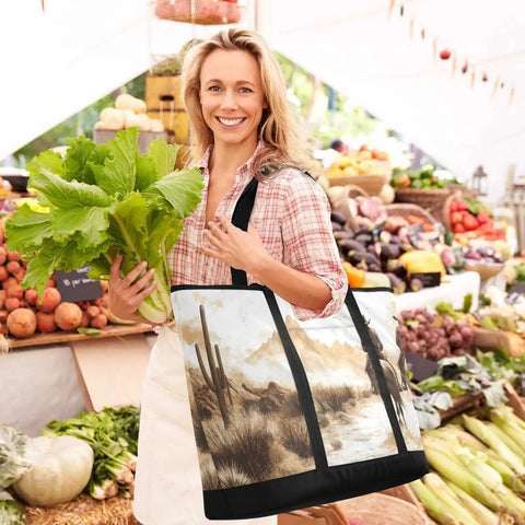Woman holding lettuce & Western Desert Cowboy Style Insulated Cooler Bag With Large Compartment Reusable Thermal Tote For Shopping