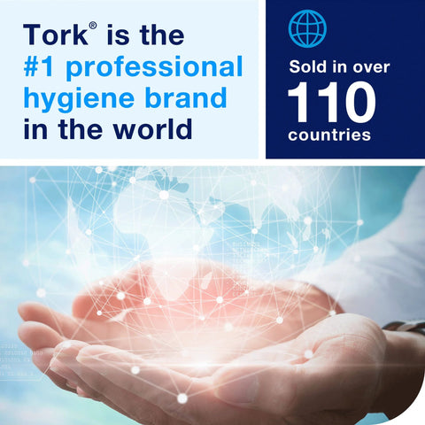 Tork Multifold Hand Towel banner; blue branding with Tork logo and hands cradling a digital globe