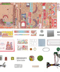 Components of Candy Workshop 3D Wooden Puzzle Kit for Adults with panels, screws, wires, and decorations shown.