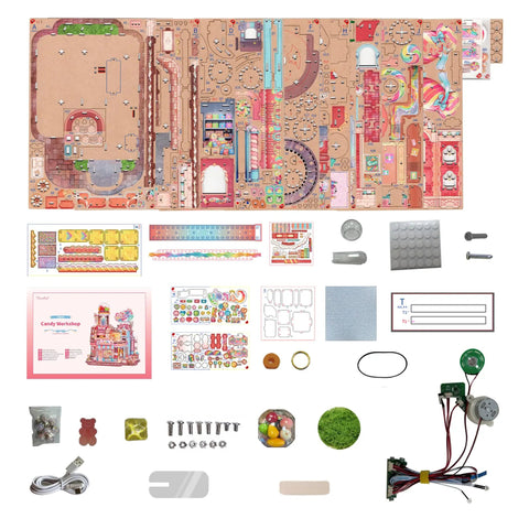 Components of Candy Workshop 3D Wooden Puzzle Kit for Adults with panels, screws, wires, and decorations shown.