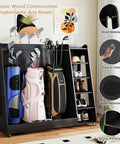 Wooden Golf Bag Organizer With Wheels, heavy duty 3-bag golf storage rack in sleek black wood, holding golf bags and gear.