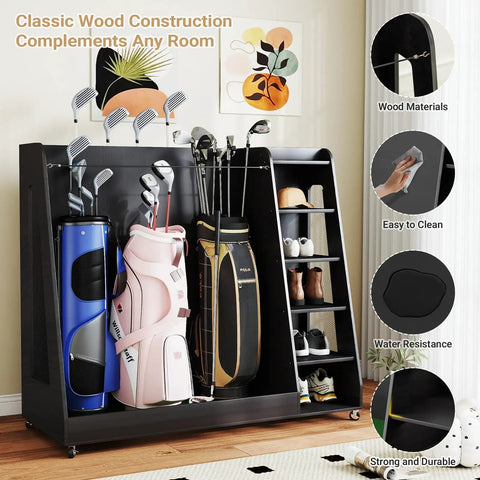 Wooden Golf Bag Organizer With Wheels, heavy duty 3-bag golf storage rack in sleek black wood, holding golf bags and gear.