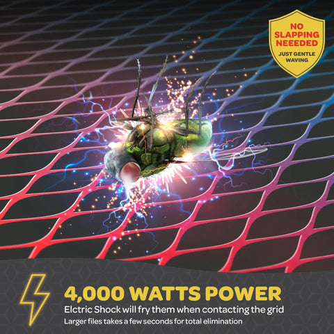 Close-up view of a 4000-volt electric grid with a bug being zapped, demonstrating the Portable 4000 Volt Electric Bug Zapper Racket Set Of 2 With USB Rechargeable Battery Indoor Outdoor Mosquito Killer LED Light Attractant Quick Zap For Garden Patio Camping And Nighttime Insect Control.