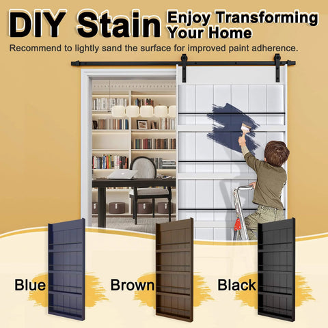Person painting a paintable 36x84 barn door with 6.6 ft hardware kit and built-in storage shelf for versatile decor.