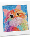 Diamond Art Kit For Kids Ages 8 To 12 6x6 Canvas With 7x7 Frame Colorful Cat Design displayed in white frame.