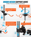 Detail of Grab-And-Go Four Bike Rack For Garage And Home, Freestanding Gravity Bicycle Stand showing adjustable arms