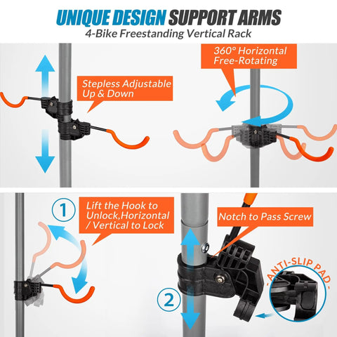 Detail of Grab-And-Go Four Bike Rack For Garage And Home, Freestanding Gravity Bicycle Stand showing adjustable arms