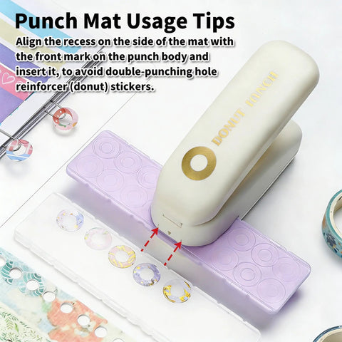 Killer Precision Donut Punch For Washi Tape And Paper Crafting Tool demonstrating usage with mat and donut stickers for hole repair.