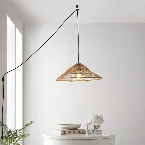 Brown Farmhouse Coastal One Light LED Pendant With Rattan Cone Shade, Plug In Or Hardwired Swag Lamp For Kitchen Island Dining Room Bedroom, 180 Inch Cord