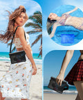 Waterproof Fanny Pack For Women IP68 Phone Passport Pouch floating in water and worn at beach, ideal for vacation and water sports.