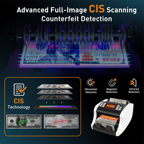Image showing advanced money counter machine with CIS scanning, counterfeit detection; Mixed Denomination Money Counter Machine For Small Biz And Retail, Commercial Grade Bill Counter With Auto Currency Detection, UV MG IR Counterfeit Scan, Heavy Duty Compact Design For Office Cash Desk.