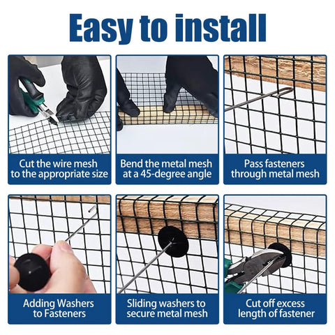 Installation guide for Solar Panel Bird Mesh Guard 6 Inch By 50 Foot Black PVC Coated Steel Netting showing six steps.