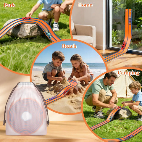 Versatile 15 Ft Flexible Race Car Track With Suction Cups for Diecast 1/64 Cars, perfect for kids' play in park, beach, or home.