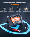Universal Bluetooth Battery Monitor For 6V 12V 24V Rides showing battery monitor device with input specs and safety features.
