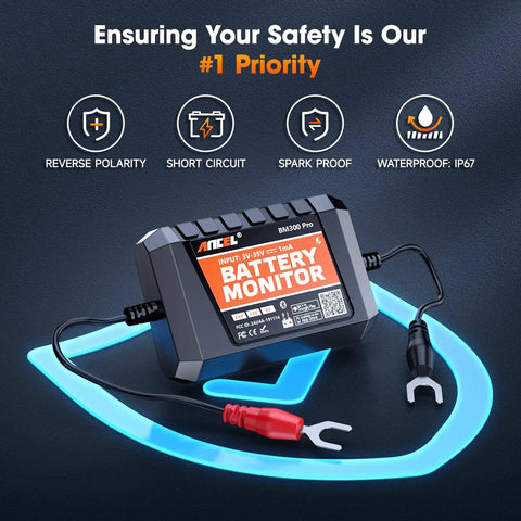 Universal Bluetooth Battery Monitor For 6V 12V 24V Rides showing battery monitor device with input specs and safety features.