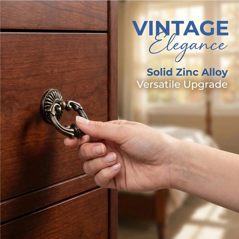 Vintage Antique Drawer Pulls and Knobs Set in Oil Rubbed Bronze With Classic Ring Handles being used on wooden furniture
