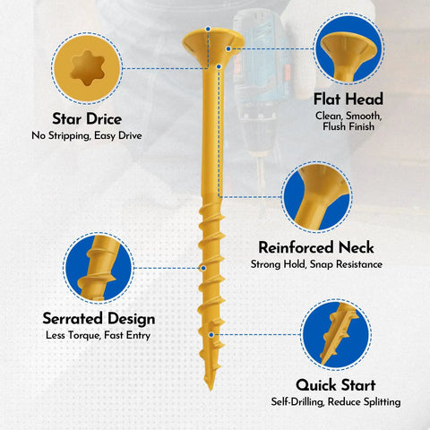 No Drill Hassle Number 8 By 2 Inch Deck Screws With Torx Flat Head And T25 Star Bit Included for quick entry and strong hold.