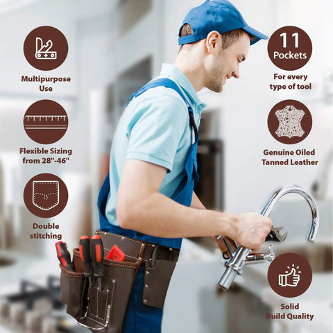 Oil Tanned Leather Tool Belt Pouch Bag For Carpenters Construction Workers Handyman Electricians With Ample Tool Pockets Heavy Duty 100 Percent Leather Durable And Comfortable Utility Set For Any Job. Man using faucet with tool belt.