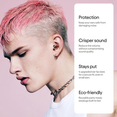 Person wearing Experience 2 Ear Plugs For Concerts And Festivals, High Fidelity 17dB Noise Reduction, secure fit in ear