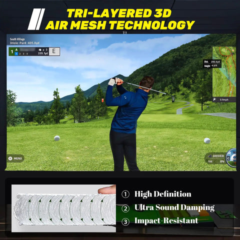 Golfer using 3D Air Mesh Golf Impact Screen For Indoor Outdoor Practice, Ultra Clear HD Projection, 200 MPH Shot Tolerance