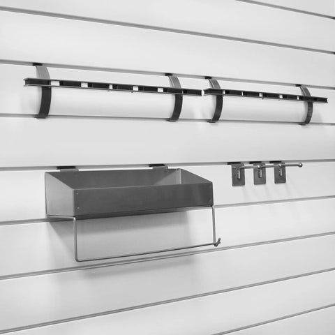 All In One Slatwall Organizer Kit For Panels With Solid Shelf Paper Towel Holder Three Ball Tipped Coat Hooks And Two Magnetic Tool Holders