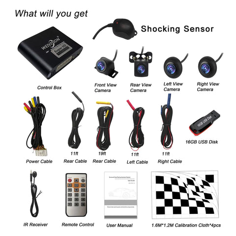 Components of 360 Degree Car Surround View System With DVR Recording And Backup Cam, Parking Monitor, HD Sensor