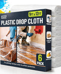 Box of 9x12 ft plastic drop cloths with folded tarps, 12 X 9 Ft Drop Cloths 6 Pack Plastic Painter Tarps For Painting Waterproof Floor And Furniture Protection Great For DIY Projects Storage And Mess Free Work Perfect For Home Projects And Quick Cleanup
