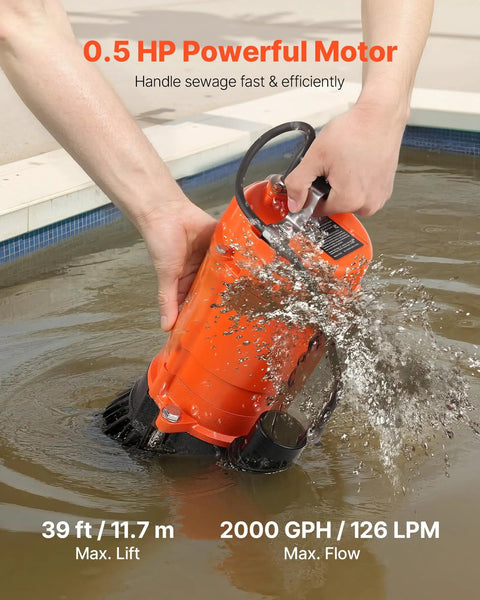 User operating Beast Submersible Trash Pump 2000 GPH At 120V With Cast Iron Body 2 Inch Discharge And 39 Foot Max Lift for pool drainage