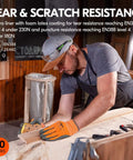Worker using ANSI A3 cut resistant gloves with latex rubber coated grip in orange, size large, for construction and woodworking.
