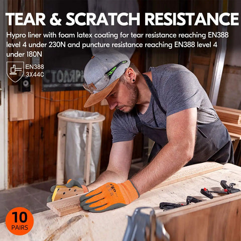 Worker using ANSI A3 cut resistant gloves with latex rubber coated grip in orange, size large, for construction and woodworking.