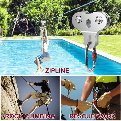 Heavy Duty Stainless Steel Zipline Pulley Kit 2 Pack With Tandem Speed Double Trolley For 1 Quarter To 3 Eighth Inch Cable
