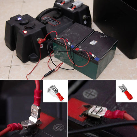 Close-up of red insulated quick disconnect terminals from Versatile 250 Piece Insulated Wire Connectors Assorted Crimp Terminal Kit.
