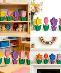 Unfinished Wood Flower Painting Kit With 12 3D Tulip Blooms arranged on a tabletop and mantel for home decor display.