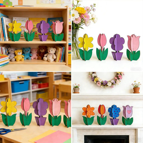 Unfinished Wood Flower Painting Kit With 12 3D Tulip Blooms arranged on a tabletop and mantel for home decor display.