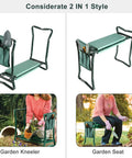 Versatile Garden Kneeler And Seat Foldable Bench with Tool Pouch and Soft Kneeling Pad shown in kneeling and seating modes.