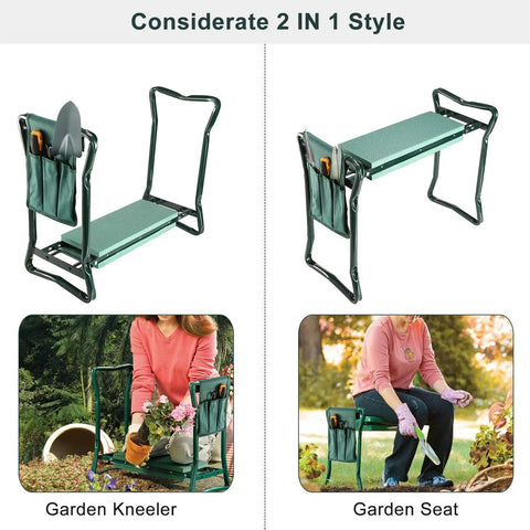 Versatile Garden Kneeler And Seat Foldable Bench with Tool Pouch and Soft Kneeling Pad shown in kneeling and seating modes.
