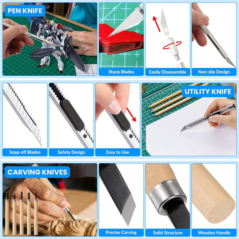 82 Piece Pro Model Tool Kit for Plastic Model Kits and Figure Builds All In One Hobby Set showing various knife tools