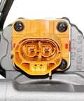 Close-up view of Top Shelf Remanufactured Air Conditioning Compressor connector showcasing its electrical design and durable material.