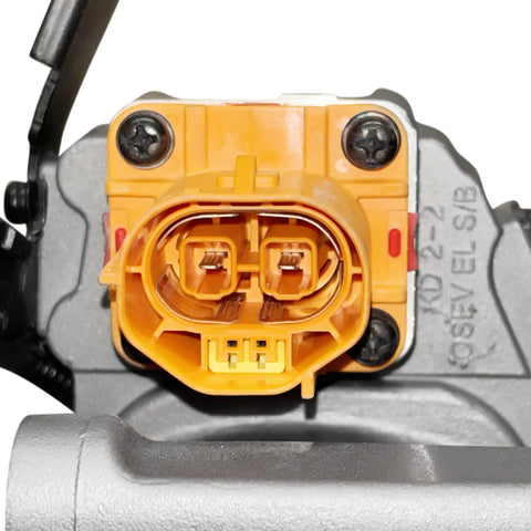 Close-up view of Top Shelf Remanufactured Air Conditioning Compressor connector showcasing its electrical design and durable material.