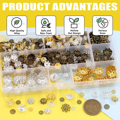 Box of Massive 2100 Piece Bead Caps Kit With 12 Styles In Gold Silver Bronze Hollow Flower End Caps For DIY Jewelry Making