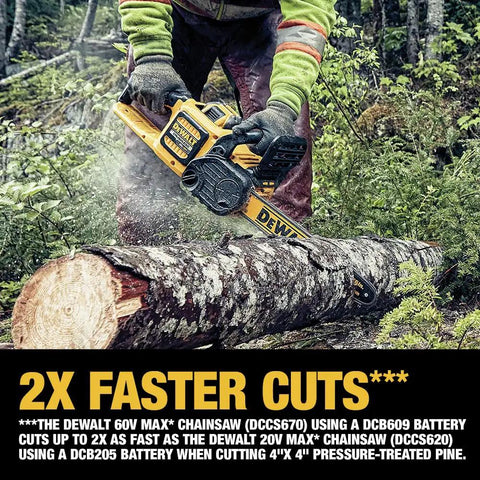 Person using 60V Max Brushless Chainsaw Kit With 16 Inch Oregon Bar And Chain, Auto Oiling, Tool Free Chain Tensioning outdoors