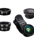 3 In 1 Clip On Phone Lens Kit With 180 Degree Fish Eye, 0.65x Wide Angle And 10x Macro lenses displayed with clip-on attachment