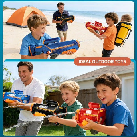 Kids and adults playing on the beach and in the backyard with Electric Water Gun For Adults And Kids Auto Filling Squirt Gun With Long Range Epic Power Large Capacity Water Blaster For Summer Pool Beach Parties Great Gift For 6 7 8 Year Old Boys And Girls Black.