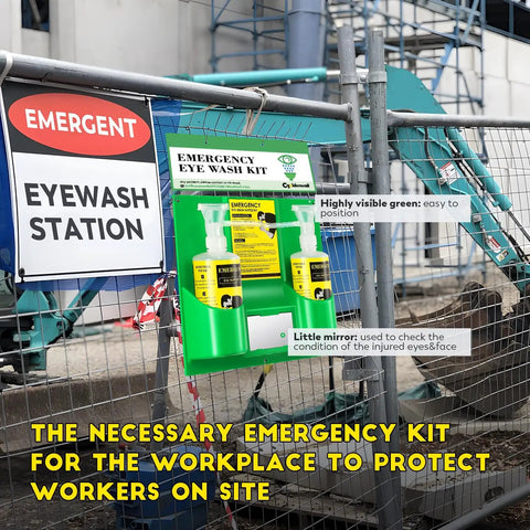 Portable Eye Wash Station Wall Mounted Emergency Eye Wash Kit With Two 16.09 Oz Bottles No Eyewash Solution Included Plus Free Eyewash Sign displayed on fence