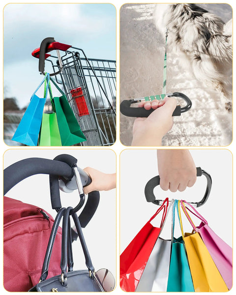 Two Pack Large Stroller Hooks Clip for hanging bags on shopping cart and stroller, used for dog leash, durable aluminum carabiner style.
