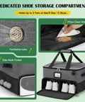 Golf Trunk Organizer for Cars and Golf Bags with ventilated compartment holding shoes, showing side mesh pocket and wipe-clean interior.