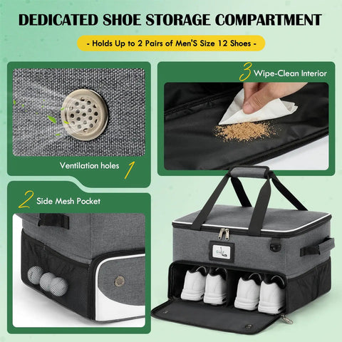 Golf Trunk Organizer for Cars and Golf Bags with ventilated compartment holding shoes, showing side mesh pocket and wipe-clean interior.