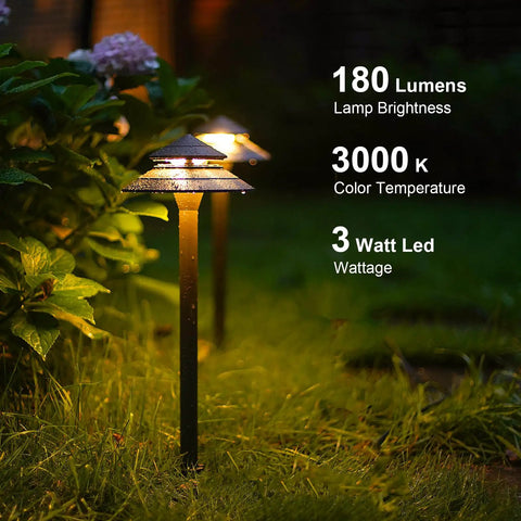Two Pack Low Voltage Path Lights 3W LED 3000K Warm White 180 Lumen Hardwired Pagoda Style 2 Tier Outdoor Landscape Lighting With Connectors For Walkways Driveways Gardens
